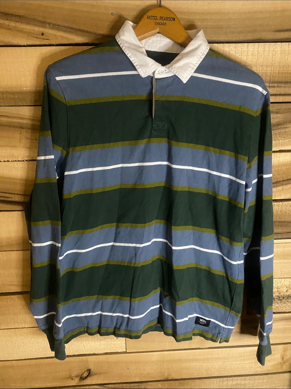 Vans Men's Striped Long-Sleeve Rugby Shirt - Green/Blue/White small
